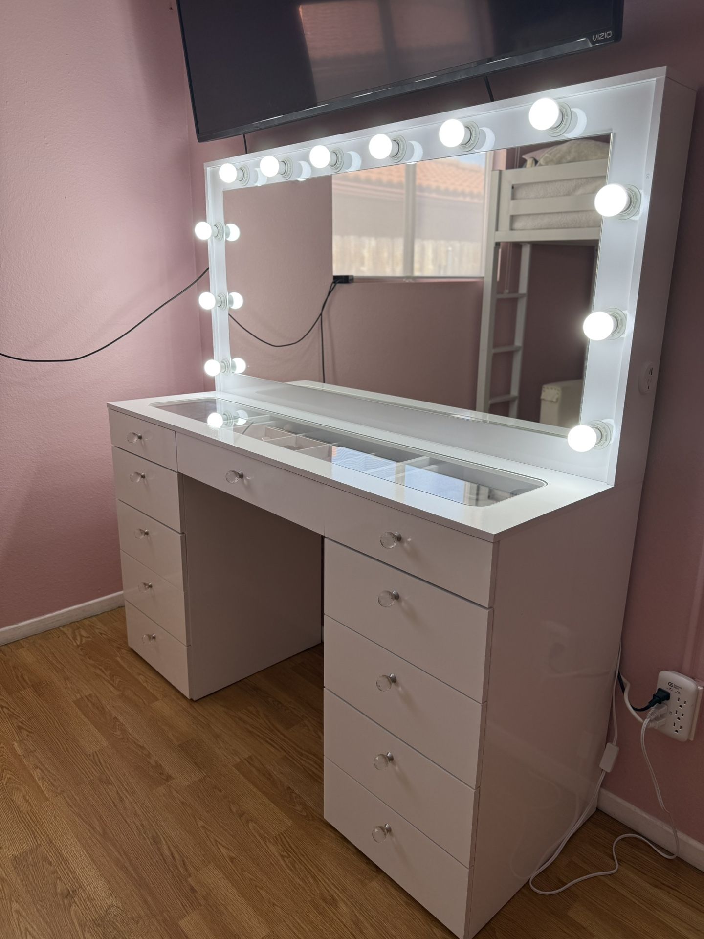 Large Hollywood Vanity with 11 Drawers and Crystal Knobs