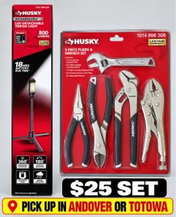 Husky 5-Piece Pliers & Wrench Set + Rechargeable Tripod Light ā $25