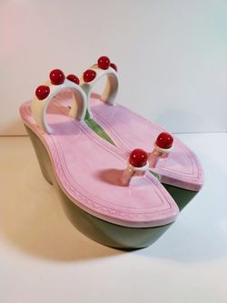 Whimsical Pop-Art 1970's Ceramic Wedge Sandals with Cherry Accents