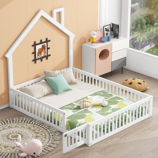 Brand New!! Full Size House Platform Bed with Roof and Chimney, Floor Bed Frame, White