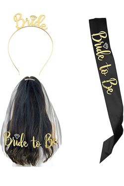 New Bride to Be Set, 4 pack Bride to Be Sash & Headband Tiara &Bride Hair clip & Shoulder Length Veil (Black&Rosegold) Thumbnail