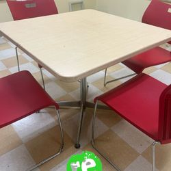 Commercial Breakroom Table & 4 Red Stack Chairs - 