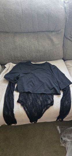 Black Lace Bodysuit with Crop Top Overlay