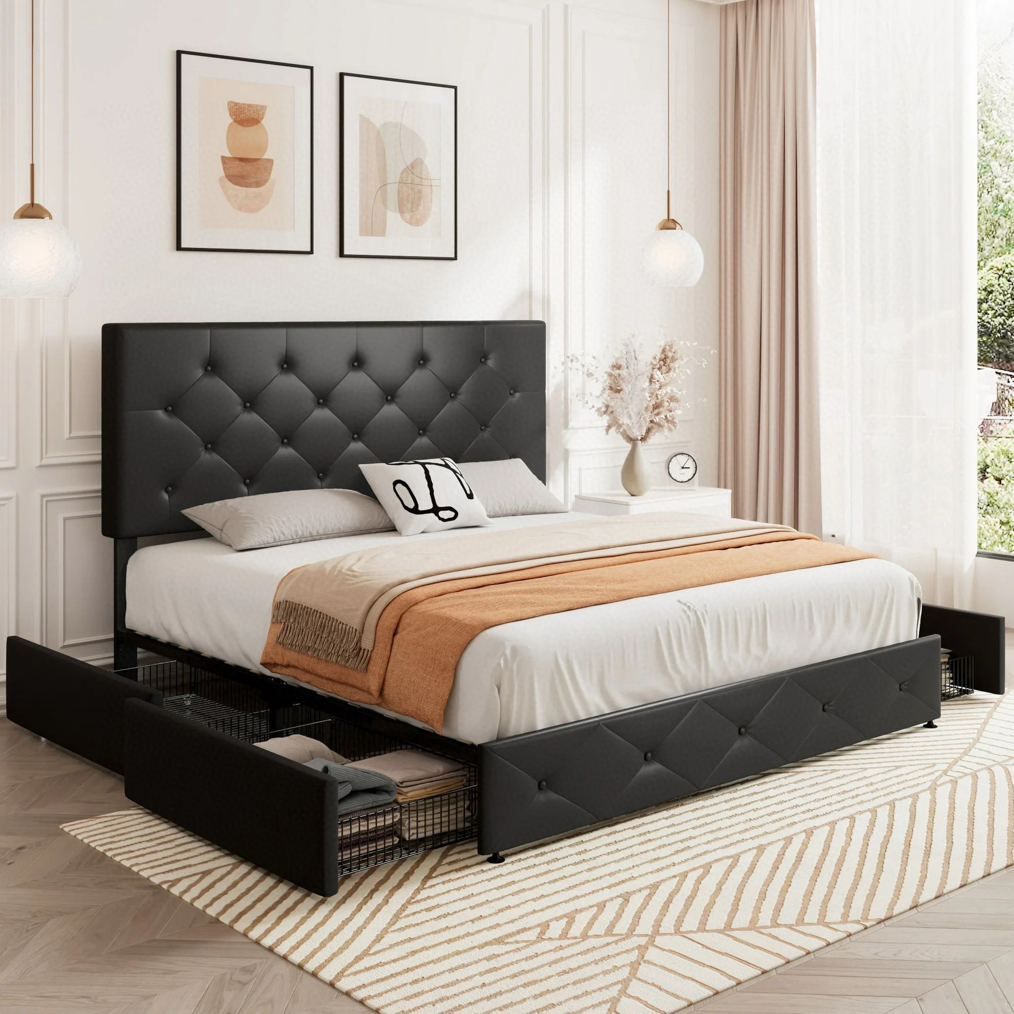 Faux Leather Storage Platform Bed Frame, queen Size Bed Frame with 4 Drawers, Upholstered with Adjustable Headboard, Black