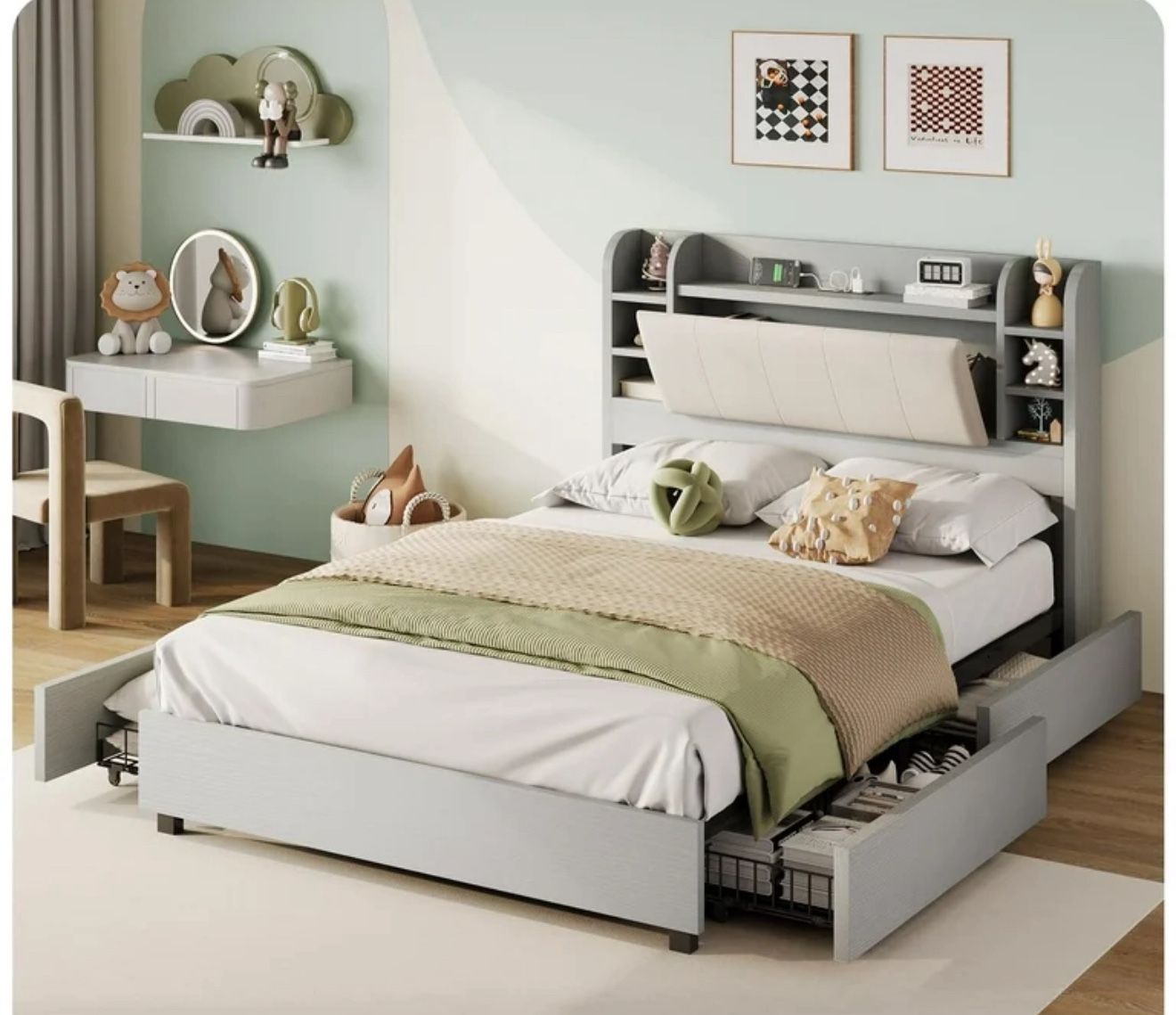 Queen Bed With Headboard Storage And Under Bed Storage