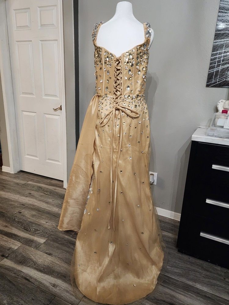 Gold Elegant Formal dress with Jewels one of a kind with split and drape on side