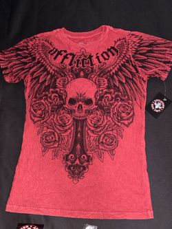 Affliction red t-shirt,3 stickers and pin
