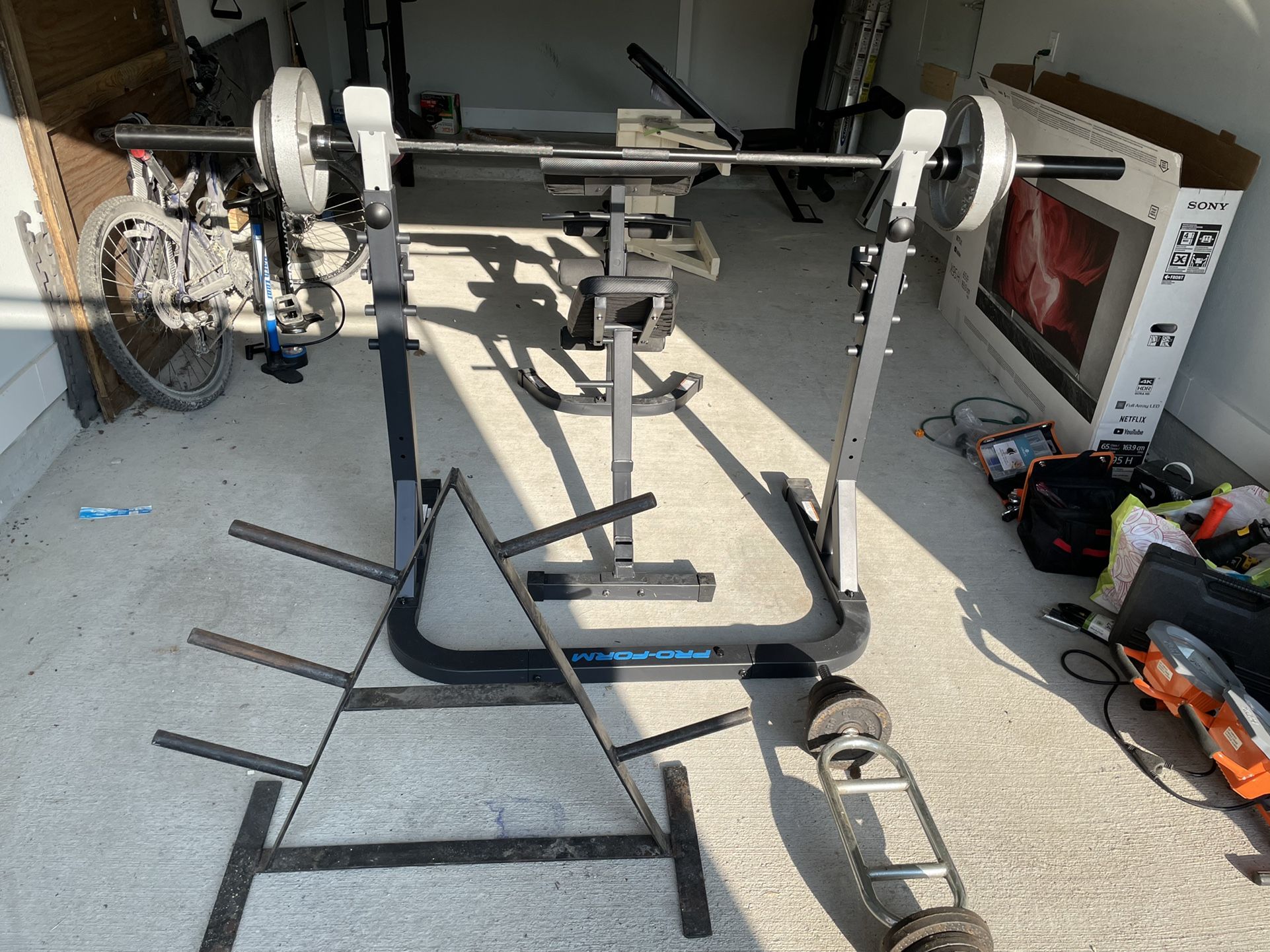 Weight Bench With Bar And Weights, Plate Tree, & Curl & Tricep Bar