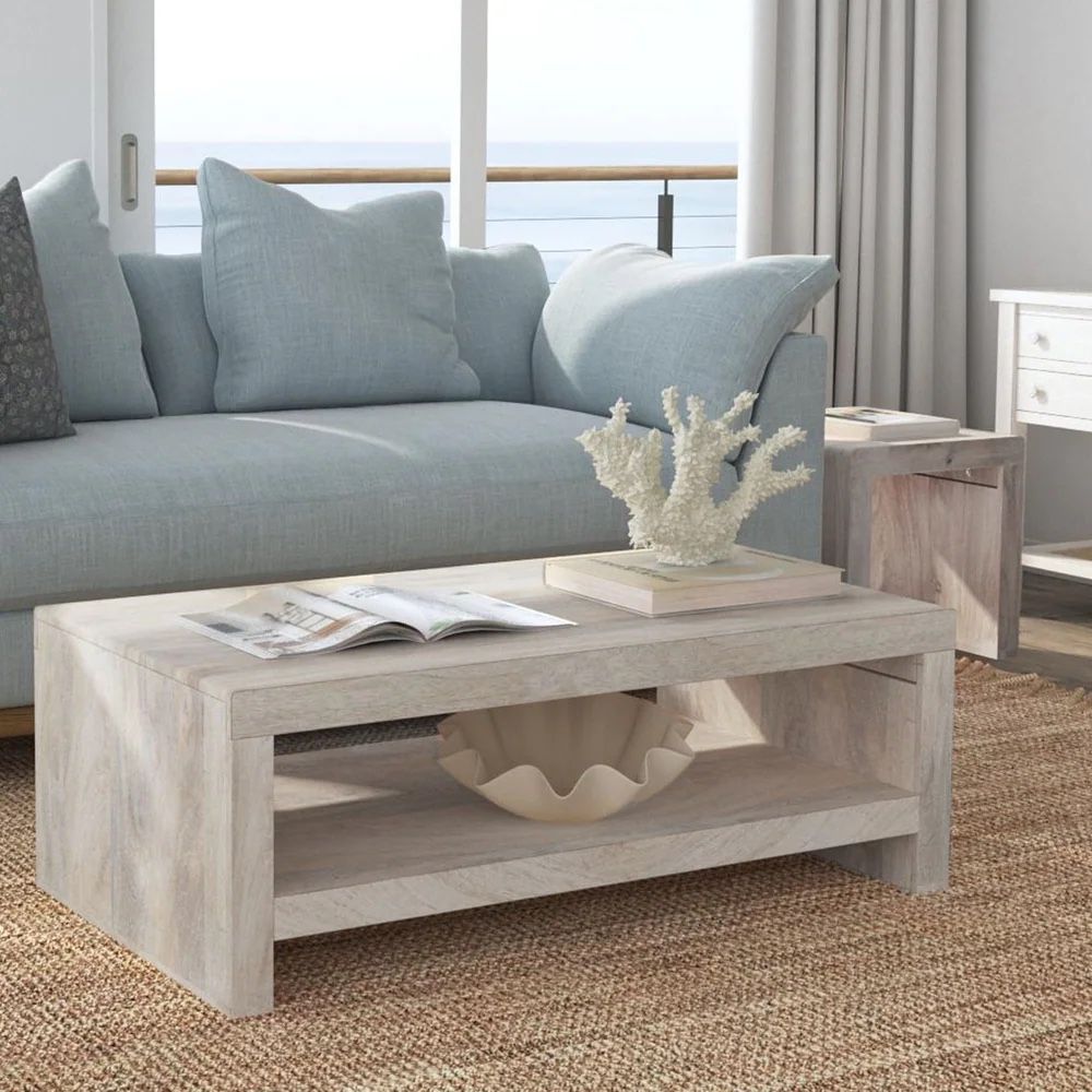 Karson 45 in. Solid Wood Coffee Table with Shelf, White Wash