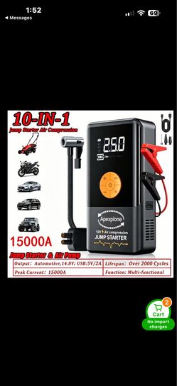 15000A Portable Emergency Starter, Jump Starter with Air Pump, Car Charger, LED Light, 2.64 Gal Gas/2.38 Gal Diesel Fast Charging, Rechargeable Lithiu