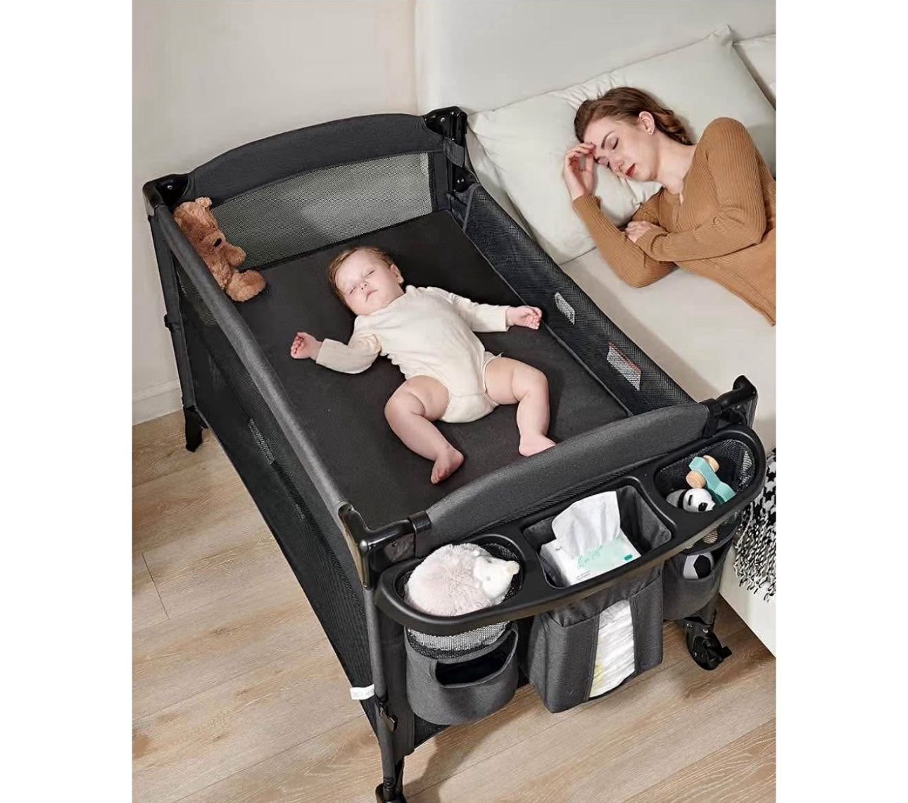 AirClub 4 in 1 Baby Bassinet Bedside Sleeper, 4 Functions Crib, Playard, Portable Changing Table