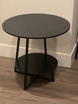 Modern Round Side/End/Coffee Table With The Black Wood Top And Bottom Shelf, Matte Black Metal Base 26” In Diameter H18”