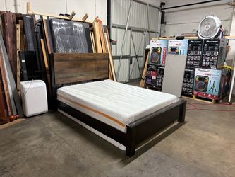 Queen Bed Frame with Rustic Wood Headboard