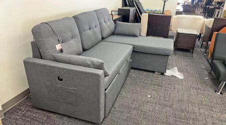 Dark Gray Sleeper Sectional Sofa, Built-in Storage Chaise, USB Ports,