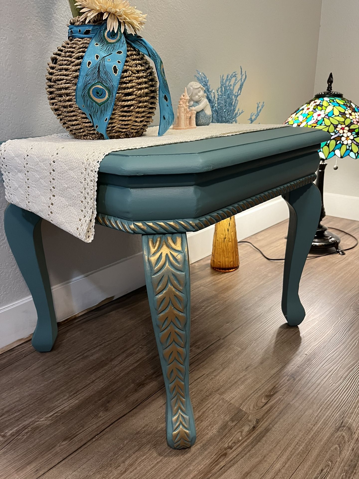 Beautiful Ocean Themed Table Blue/Gold Trim