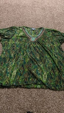 Green Printed Beaded Neckline Boho Top