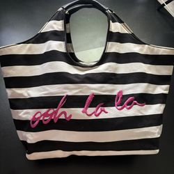 Kate Spade Ooh La La Tate Tote Striped Black and White pink Embroidery medium