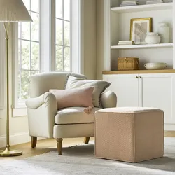Lynwood Square Upholstered Cube Ottoman Light Pink Threshold designed  19".25X 19"X19" NEW UNOPENED