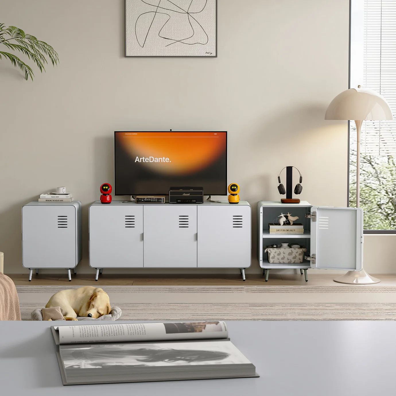 Homy Casa Steel TV Stand – Modern Media Console with Adjustable Shelves and Locker Doors