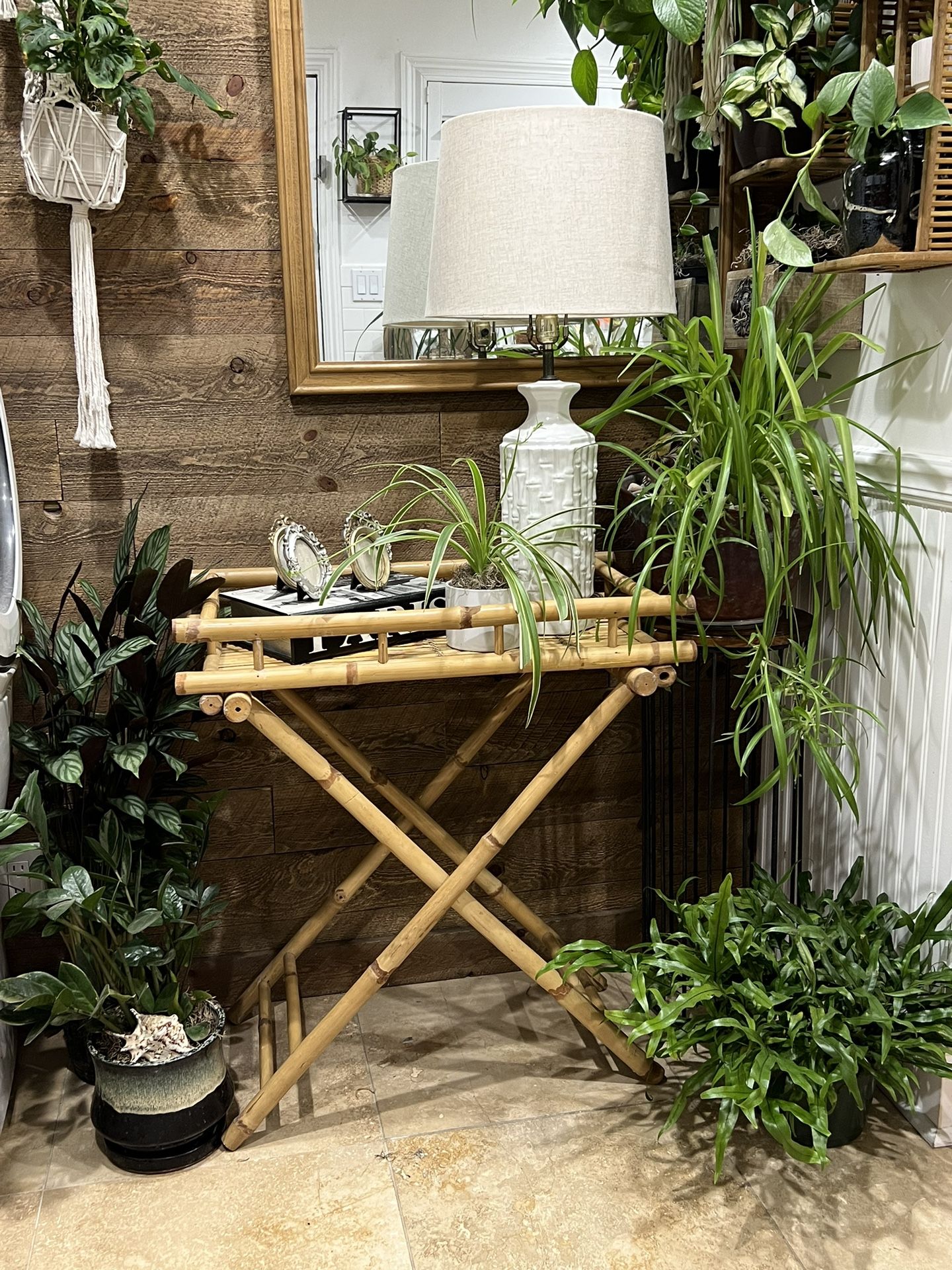 Boho Bamboo Vintage Valet Tray Bar Cart Side Table Fold Up Coastal Lightweight Portable