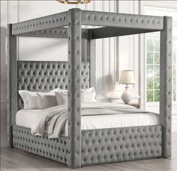 Brand New Grey Queen Size Canopy Bed Frame w Bluetooth Speakers(Available in Eastern King)