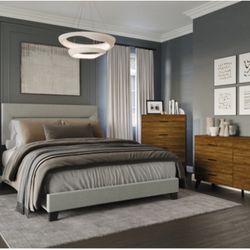 4-Pieces King Size Bedroom Set - Grey Bed and Brown Cabinet