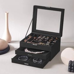 Jewelry Box, Lockable Jewelry Storage Organizer, Jewelry Case with Glass Window Black