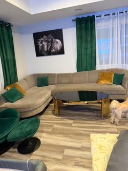 Large Beige Velvet Sectional Sofa