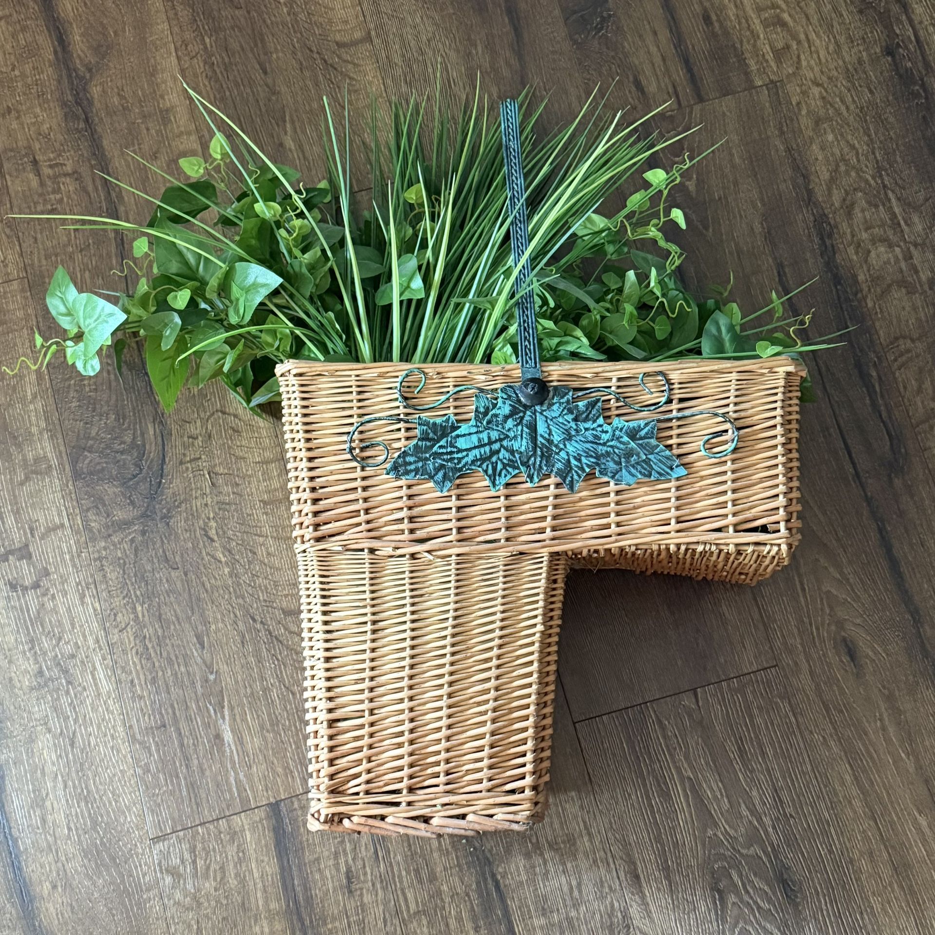 Stairstep Woven Wicker Basket with Handle & Artificial Plants