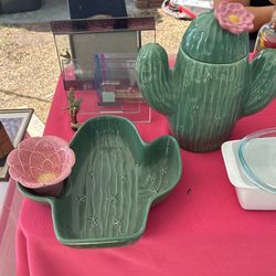 Vintage Cactus Serving Tray And Cookie Jar