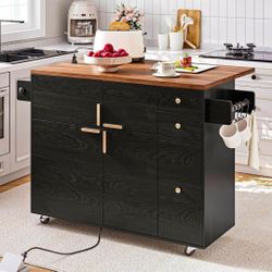 53'' Kitchen Island with Drop Leaf & Power Outlet, Kitchen Island on Wheels with 3 Drawers and Pull Out Rack Organizer, Rolling Kitchen Carts for Kitc
