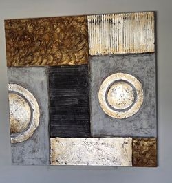 Abstract Wall Art Textured Reflective Gold Silver Mixed Media on 32x32 Canvas