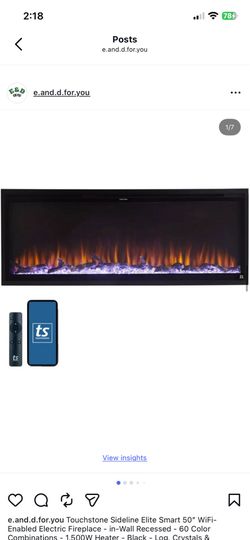 Touchstone Sideline Elite Smart 50” WiFi-Enabled Electric Fireplace - in-Wall Recessed - 60 Color Combinations - 1,500W Heater - Black - Log, Crystals