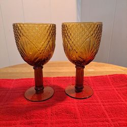 2 Vintage Amber Glass 2 Goblets,12 oz Beverage Glasses, Embossed Wine Goblets 