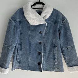 Lucky Brand Denim Jacket Womens Large Cotton Faux Shearling Retro Penny Lane
