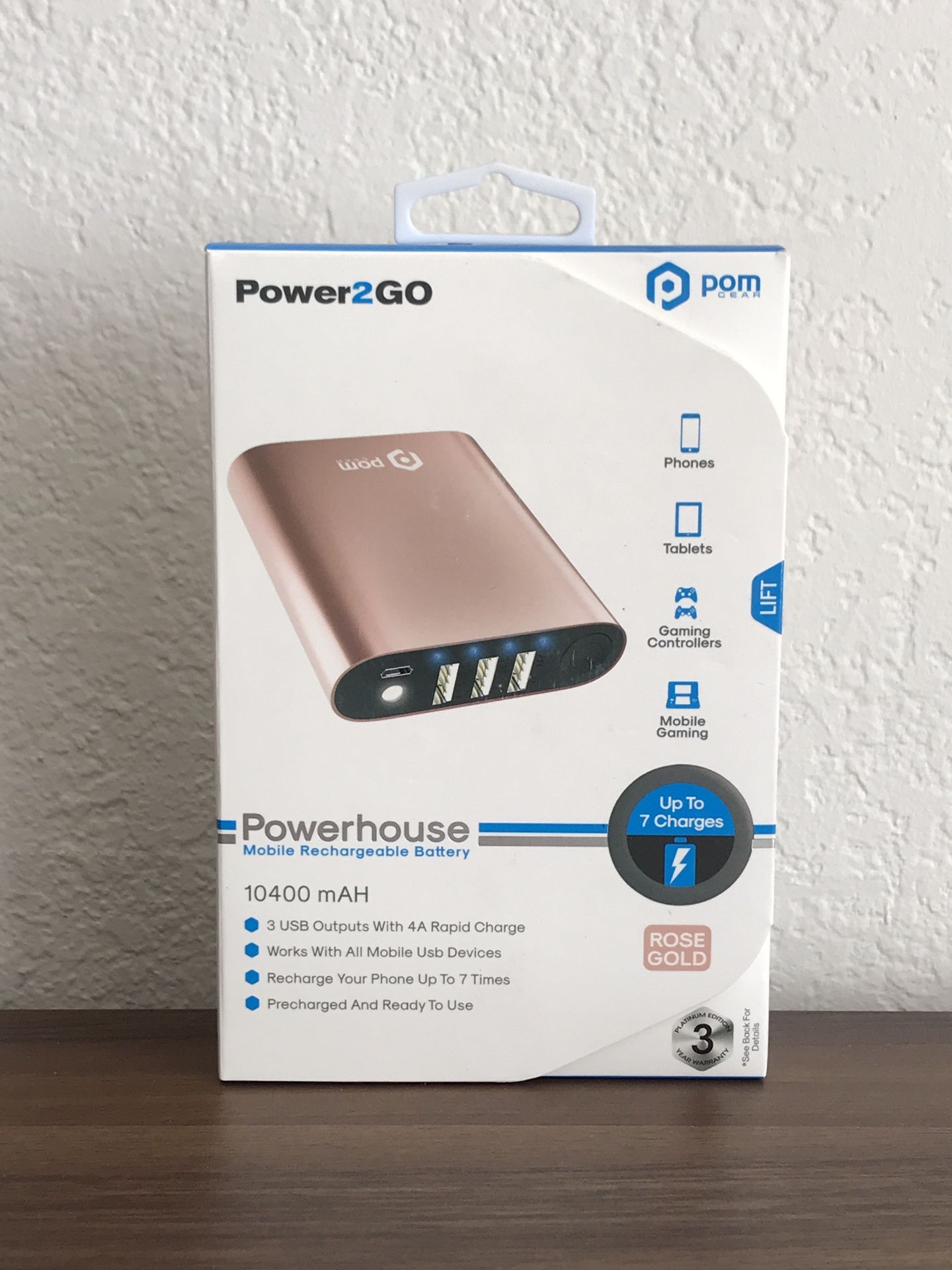 Pom Gear Power2Go Powerhouse Mobile Rechargeable External Battery Pack - Rose Gold - Brand New In Box