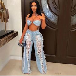 TWO PIECE DENIM TIED HALTER NECK CROP TOP PANTS SET