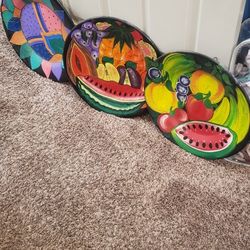 3 Colorful Painted Clay Plates 