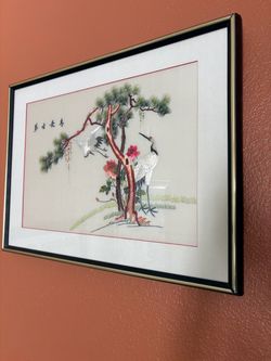 vintage framed Asian silk thread embroidery read "壽古長春" (Shǒu gǔ cháng chūn) Art.