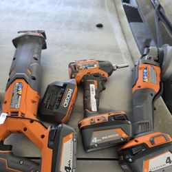 Ridged Semi New 18v Sawzall, Grinder, Impact Drill,3 Batteries 4.0  And Charger 
