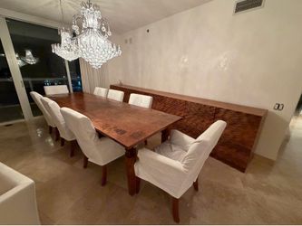 Oversized Solid Wood Dining Table Set + 15FT Sculptural Wavy Wood Credenza Cabinet