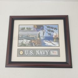 U.S. NAVY Composite Photo With Challenge Coin & Stamp Framed Display  14" x 12"
