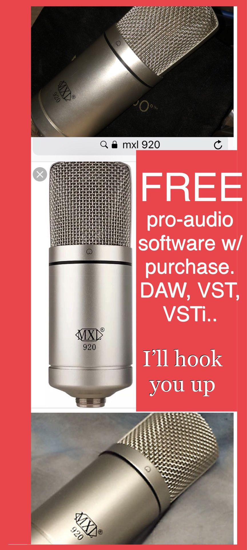 MXL 920 Pro Audio Studio Microphone MIC - cash or trade for Samsung Galaxy, iPhone, guitar, snap on tools or air compressor. READ AD for FREE software