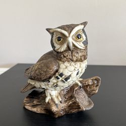 Vintage Homeco Mfg Brown Owl On Log Ceramic Figurine 5 Inch Taiwan