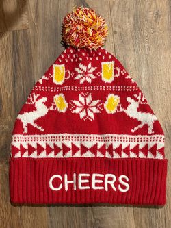 CHEERS" Beer Mug Reindeer Holiday Knit Beanie / Winter Beanie Hat (One Size)