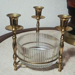 3 Brass Candle Holders with Glass Candy Dish Insert Hollywood Regency MCM
