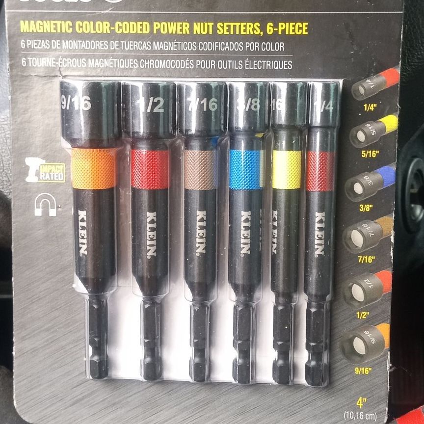 Klein Tools 32946S 6-Piece Magnetic Color-Coded Power Nut Setter Set.