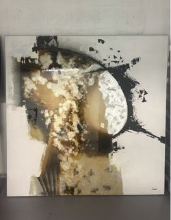 Large Modern Abstract Canvas Wall Art – Neutral Beige, Black & Silver
