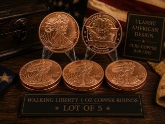 Lot of 5- Copper Walking Liberty Round - 1 AVDP Oz, .999 Pure Copper