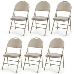 Set of 6 Folding Chairs Fabric Upholstered Padded Seat Metal Frame Home Office Beige